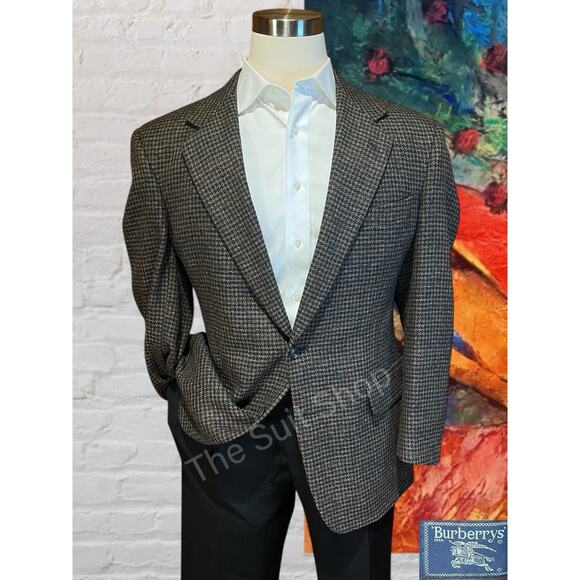 Vintage Burberry Mens 42R Brown Burgundy Tweed Houndstooth Blazer Sport Jacket - Picture 1 of 15